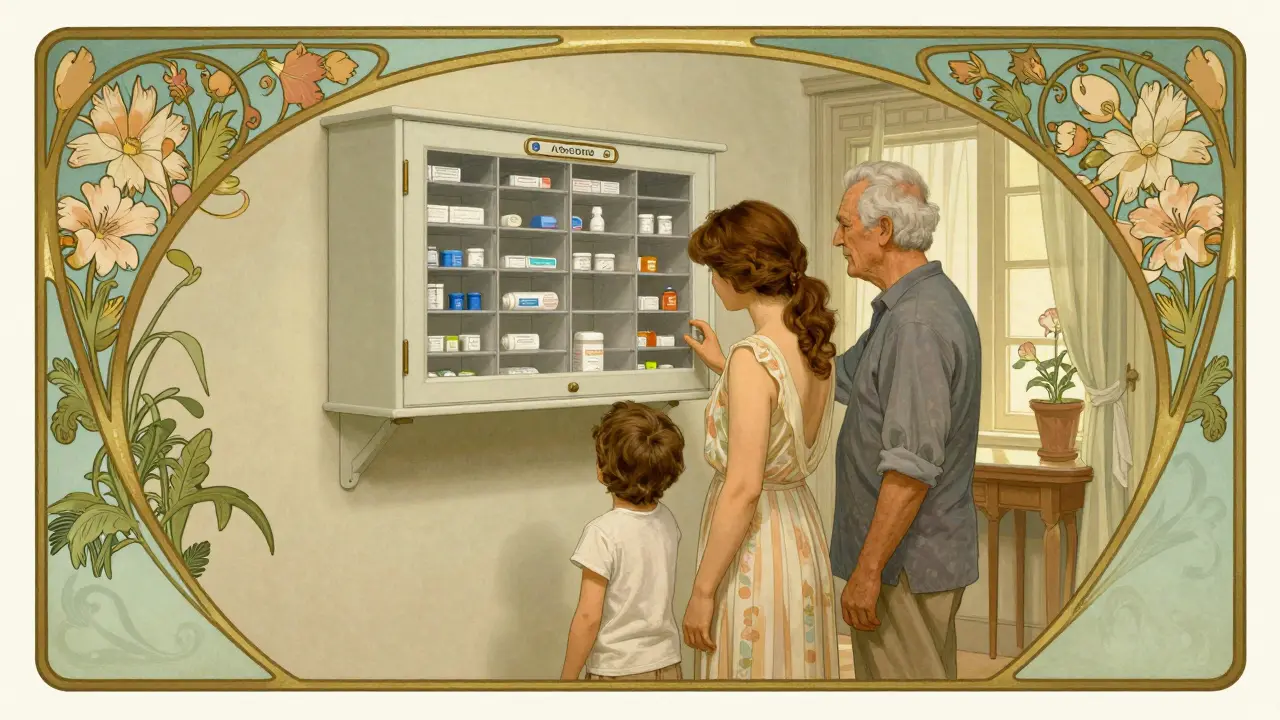 Family members near safe medicine cabinet storage location at home