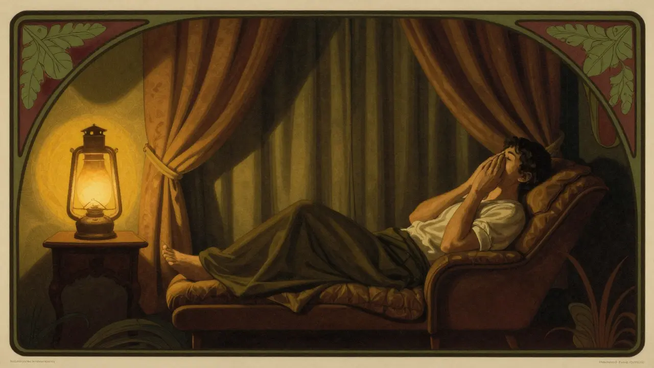 Figure resting in dim room lit by vintage lamp for migraine relief