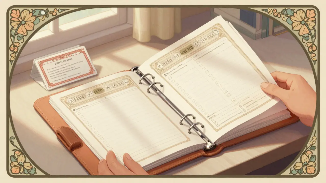 Healthcare documentation organized in binder with contact information cards