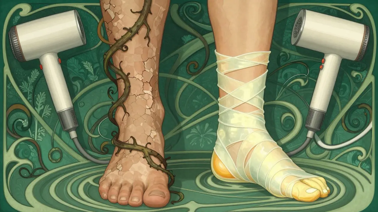 One foot infected with dark vines, the other healed and protected by barrier elements in Art Nouveau illustration.