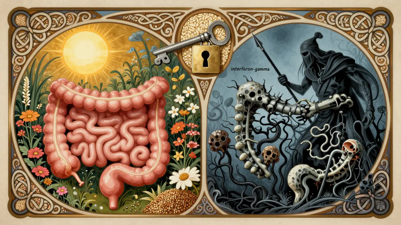 Split illustration: healthy intestine as a flourishing garden vs. damaged one with immune cells attacking.