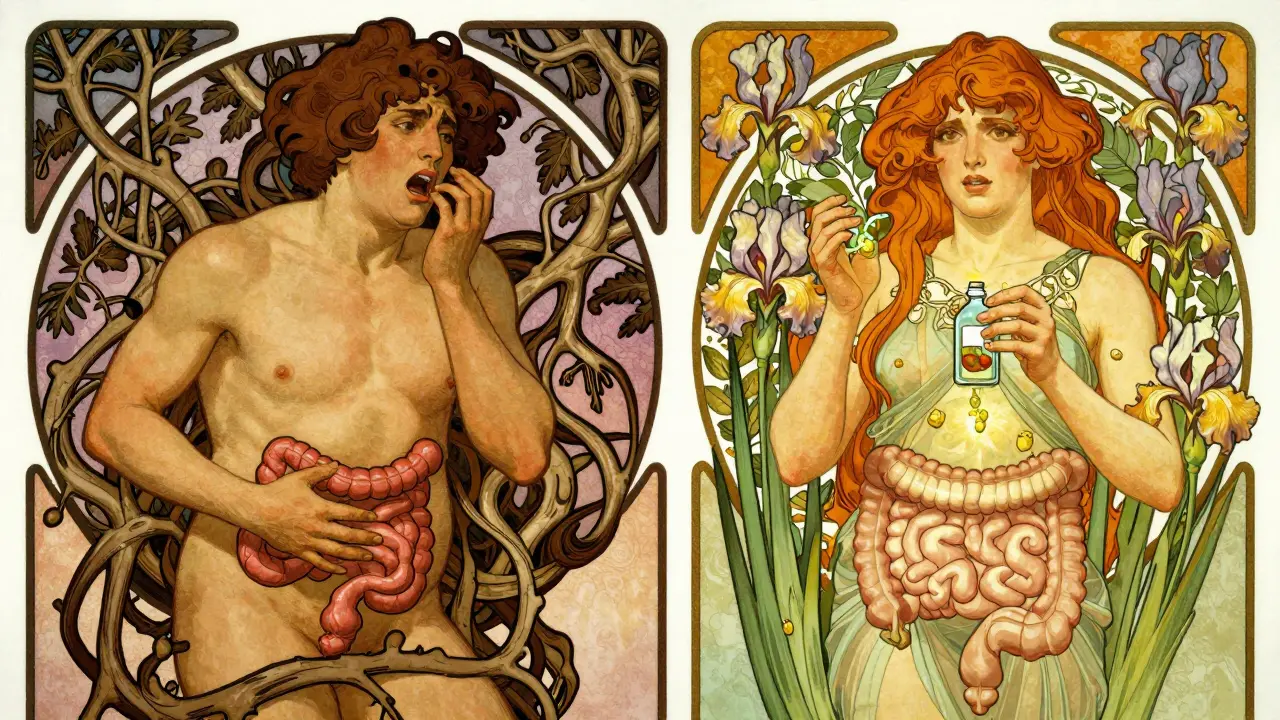 Split image: one side shows bloating and distress, the other shows healing and balance, framed in flowing Art Nouveau vines and flowers.