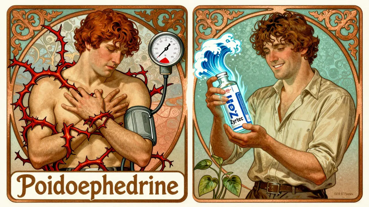 Split image: one side shows rising blood pressure from decongestants, the other shows calm healing energy from a safe antihistamine.