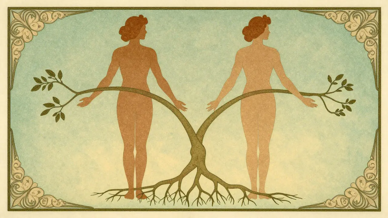 Stylized figures balancing together with nature motifs