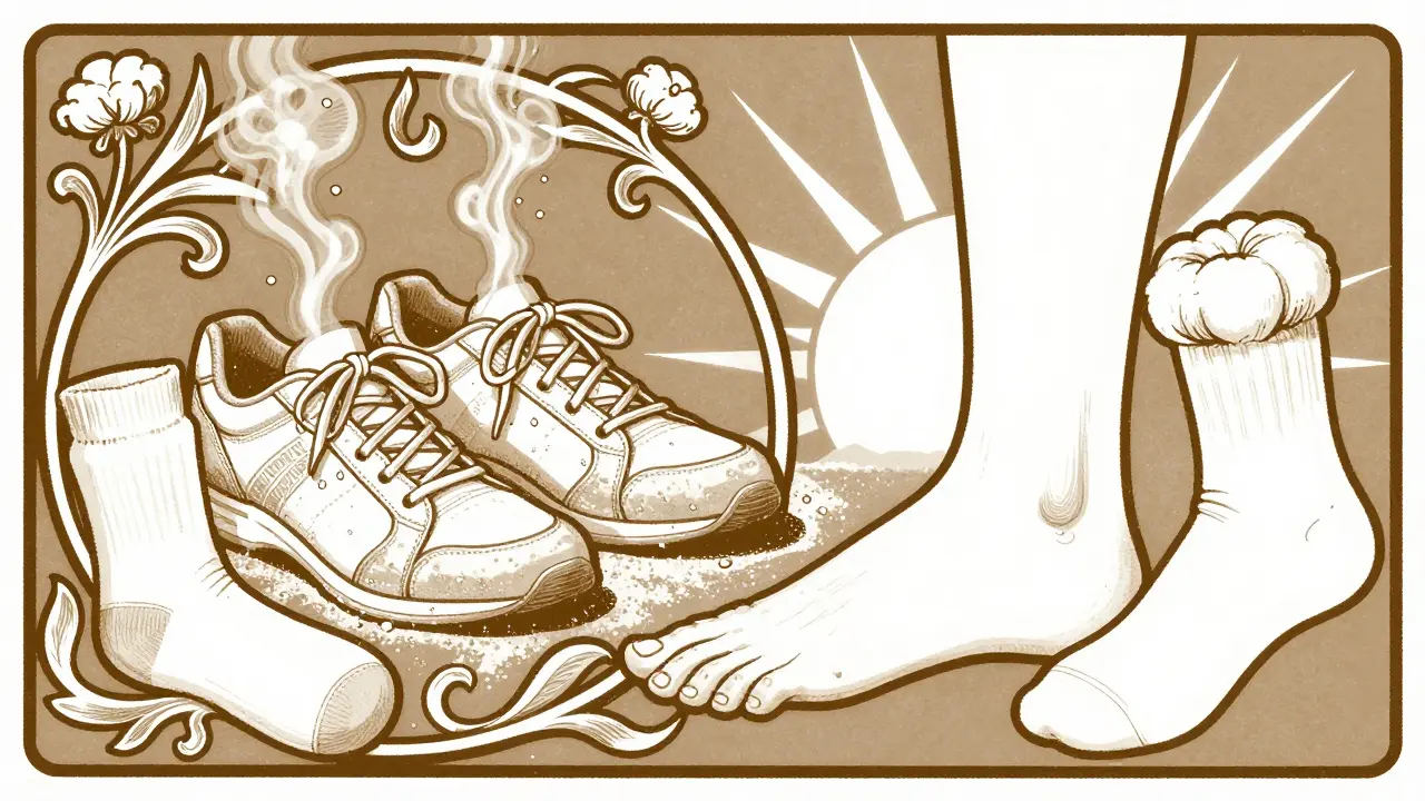 Sweaty sneakers with fungal spores and powder puffs in elegant Art Nouveau design, emphasizing prevention.