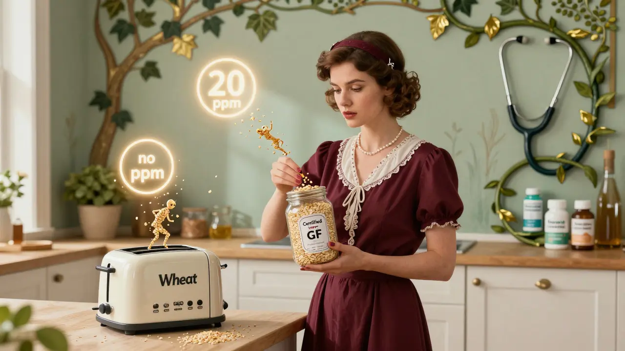 Woman replaces a contaminated toaster with a gluten-free one, surrounded by banished gluten crumbs and healing symbols.