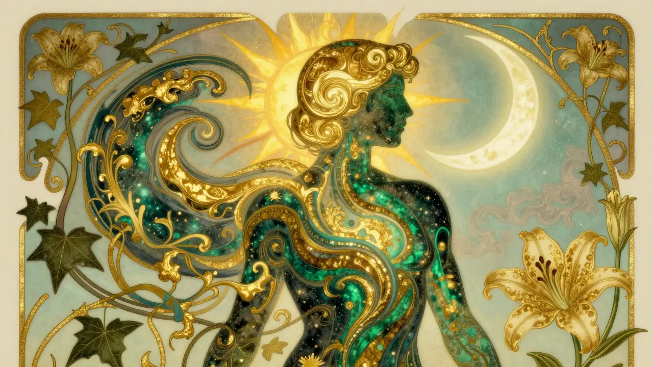 A conceptual Art Nouveau silhouette illustrating the circadian rhythm and metabolic energy shift.