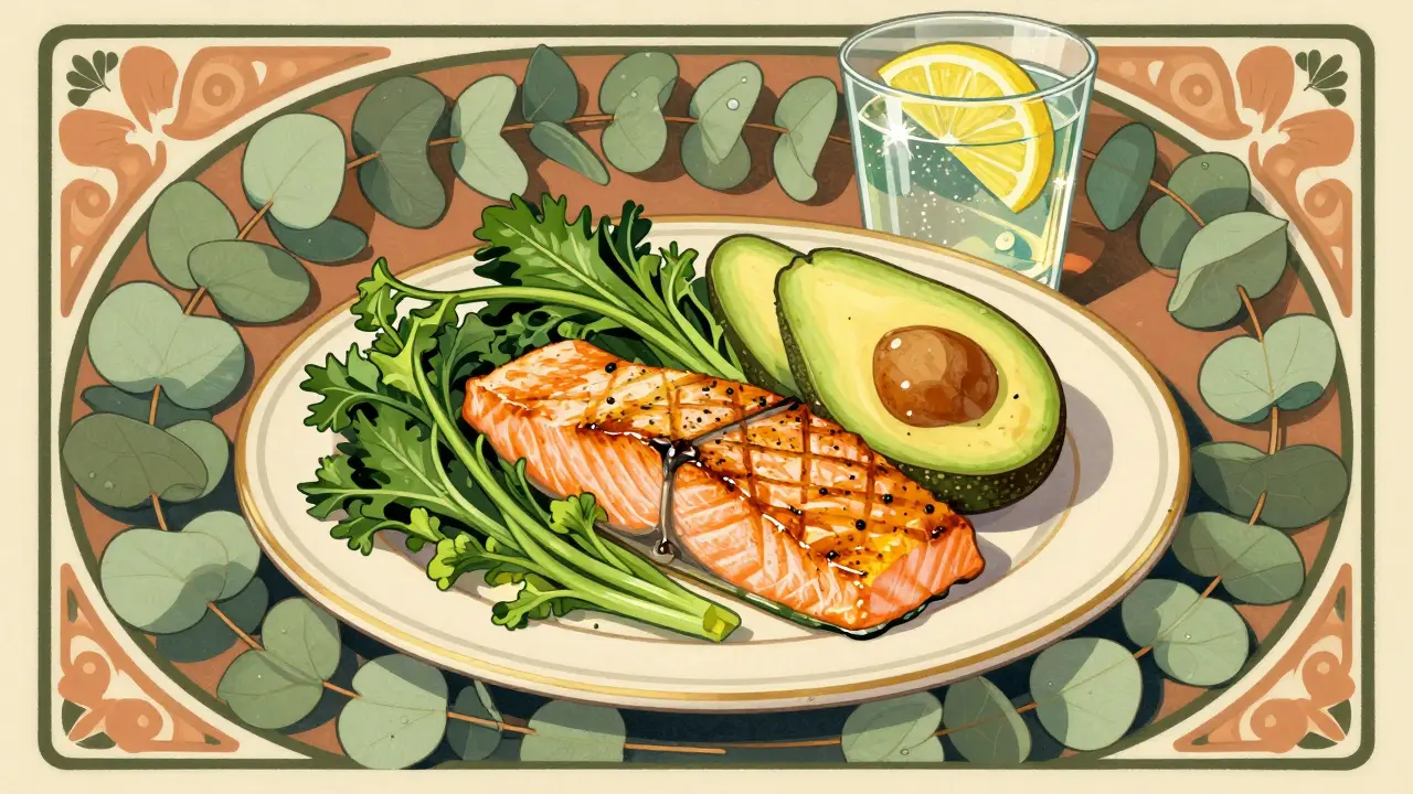 A decorative Art Nouveau illustration of a protein-rich meal with salmon and greens.