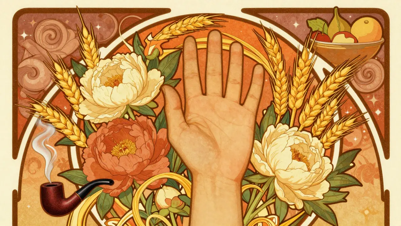 A healing hand surrounded by flowers and symbols of health in Art Nouveau style
