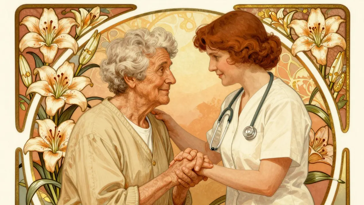 Caregiver holding a senior's hand within an ornate Art Nouveau floral arch.