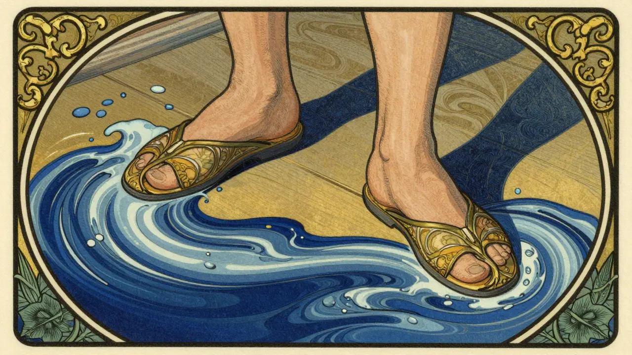 Close-up of an older adult's feet on swirling blue waves symbolizing imbalance.