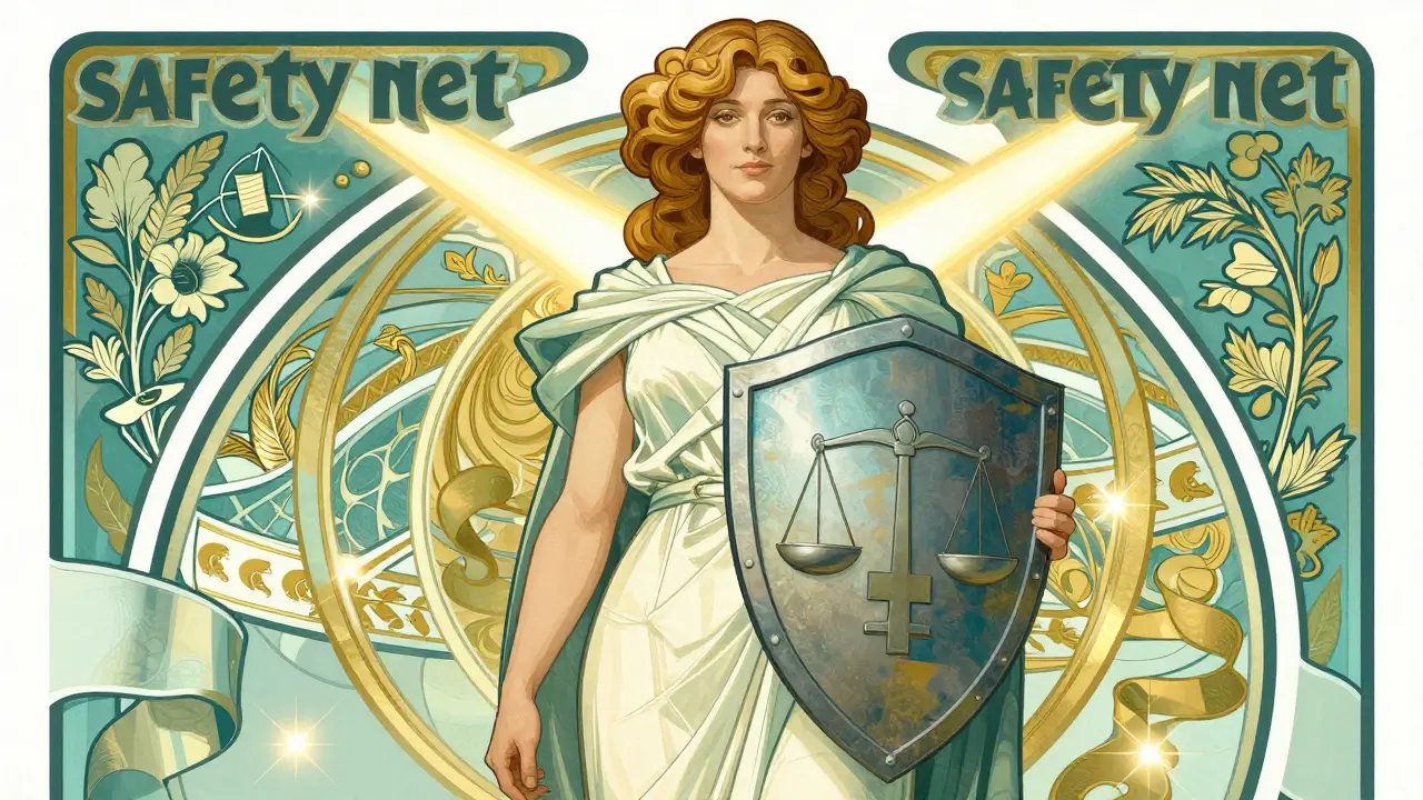 Empowered patient with a shield of legal protection surrounded by Art Nouveau patterns.