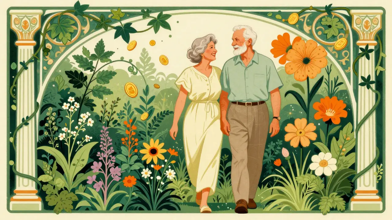 Healthy senior couple walking in a stylized medicinal garden in Art Nouveau style