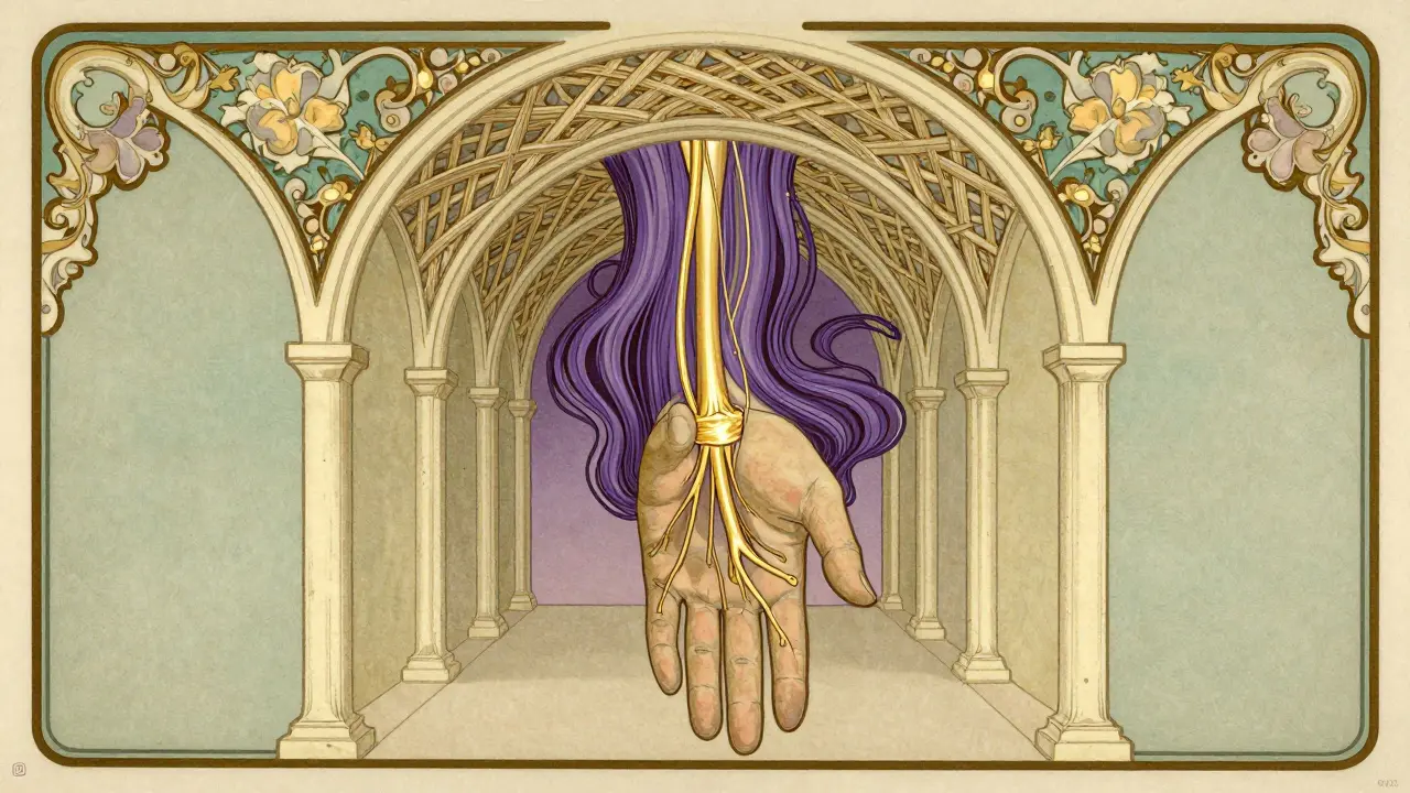 Stylized anatomical view of the carpal tunnel in the wrist with a compressed golden nerve