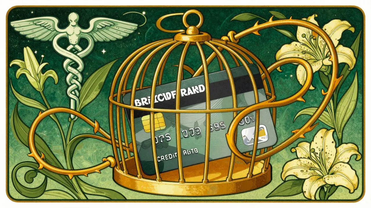 Stylized illustration of a credit card as a decorative trap with floral elements.
