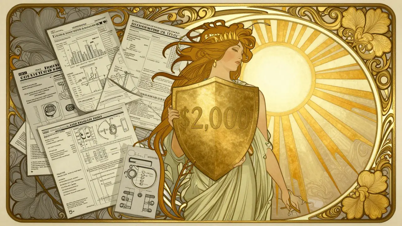 Visual transition from complex medical bills to a simple ,000 cap in Art Nouveau style
